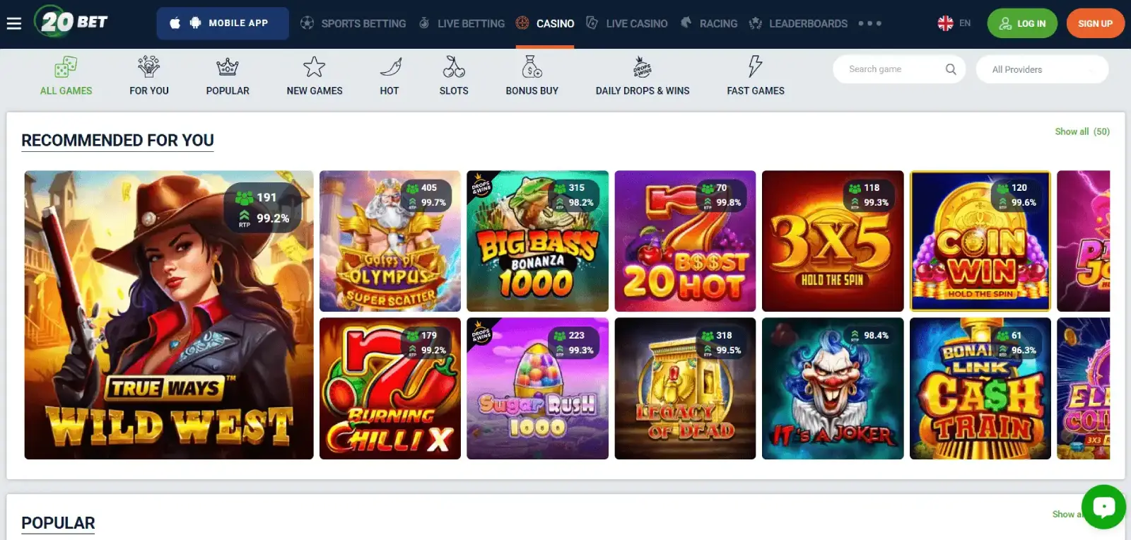 Captura de pantalla de la página principal de 20Bet Casino