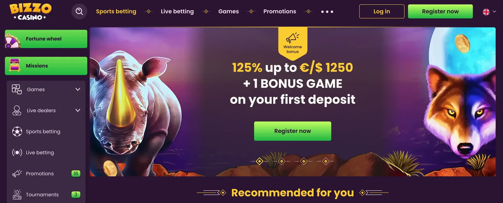 Captura de pantalla de la página principal de Bizzo Casino