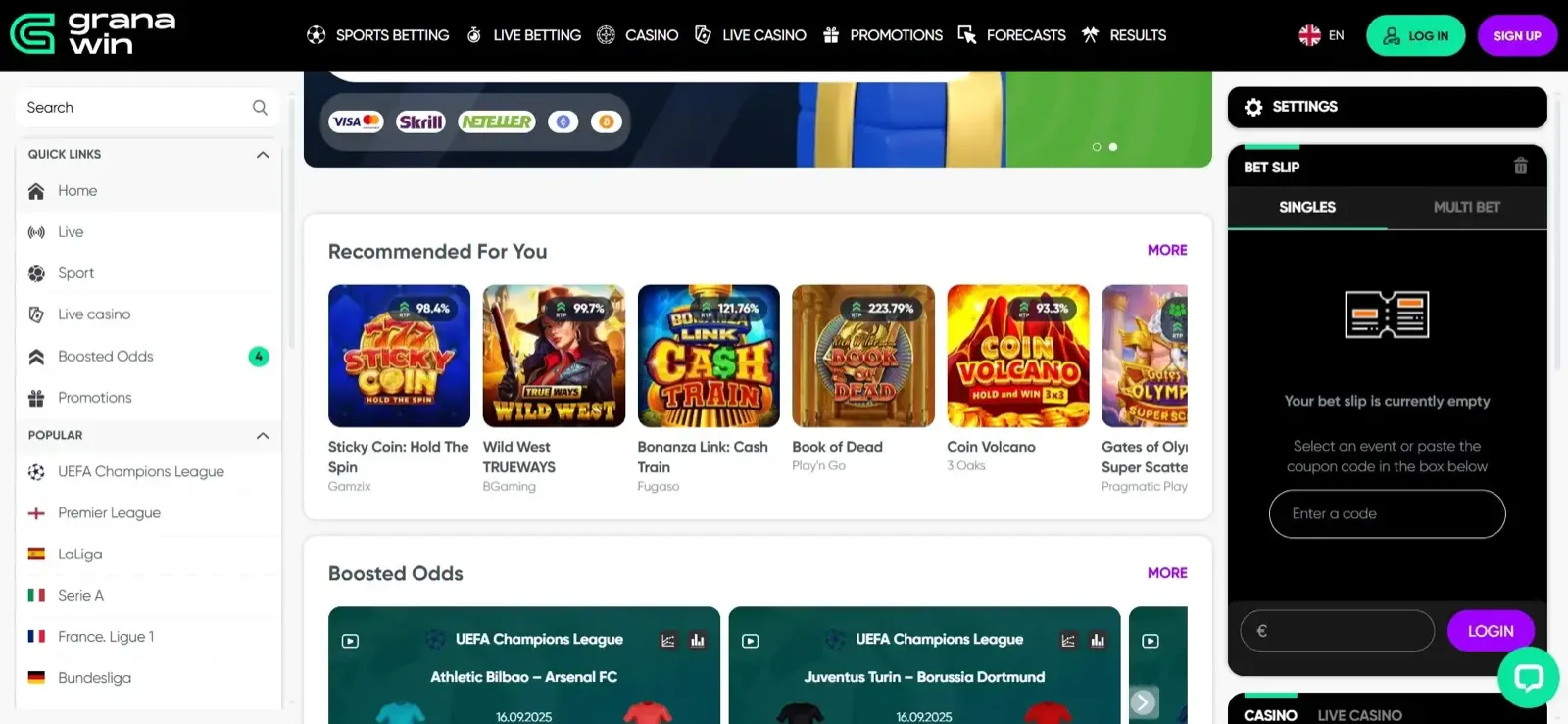 Captura de pantalla de la página principal de Granawin Casino