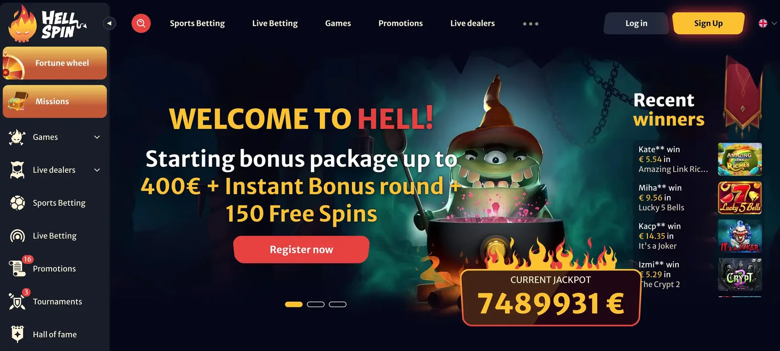 Captura de pantalla de la página principal de Hellspin Casino