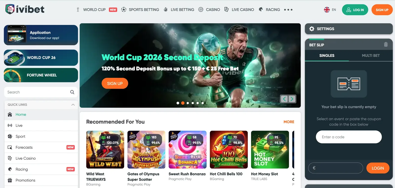 Captura de pantalla de la página principal de Ivibet Casino