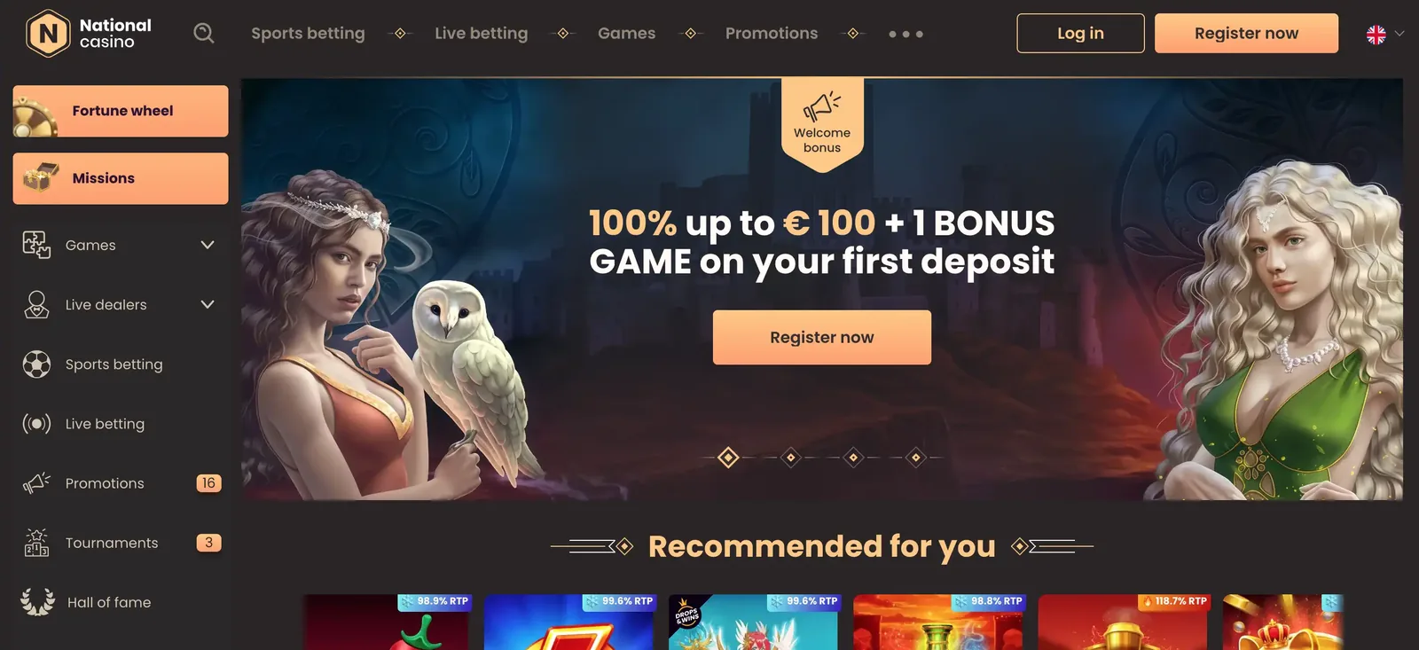 Captura de pantalla de la página principal de National Casino