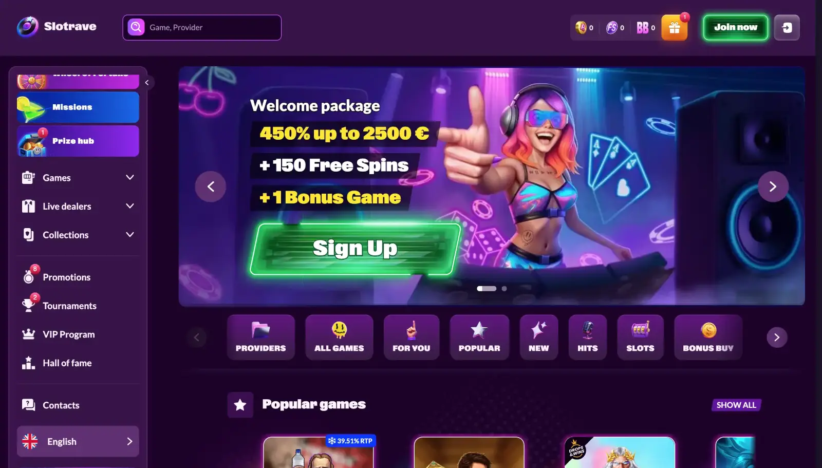 Captura de pantalla de la página principal de Slotrave Casino