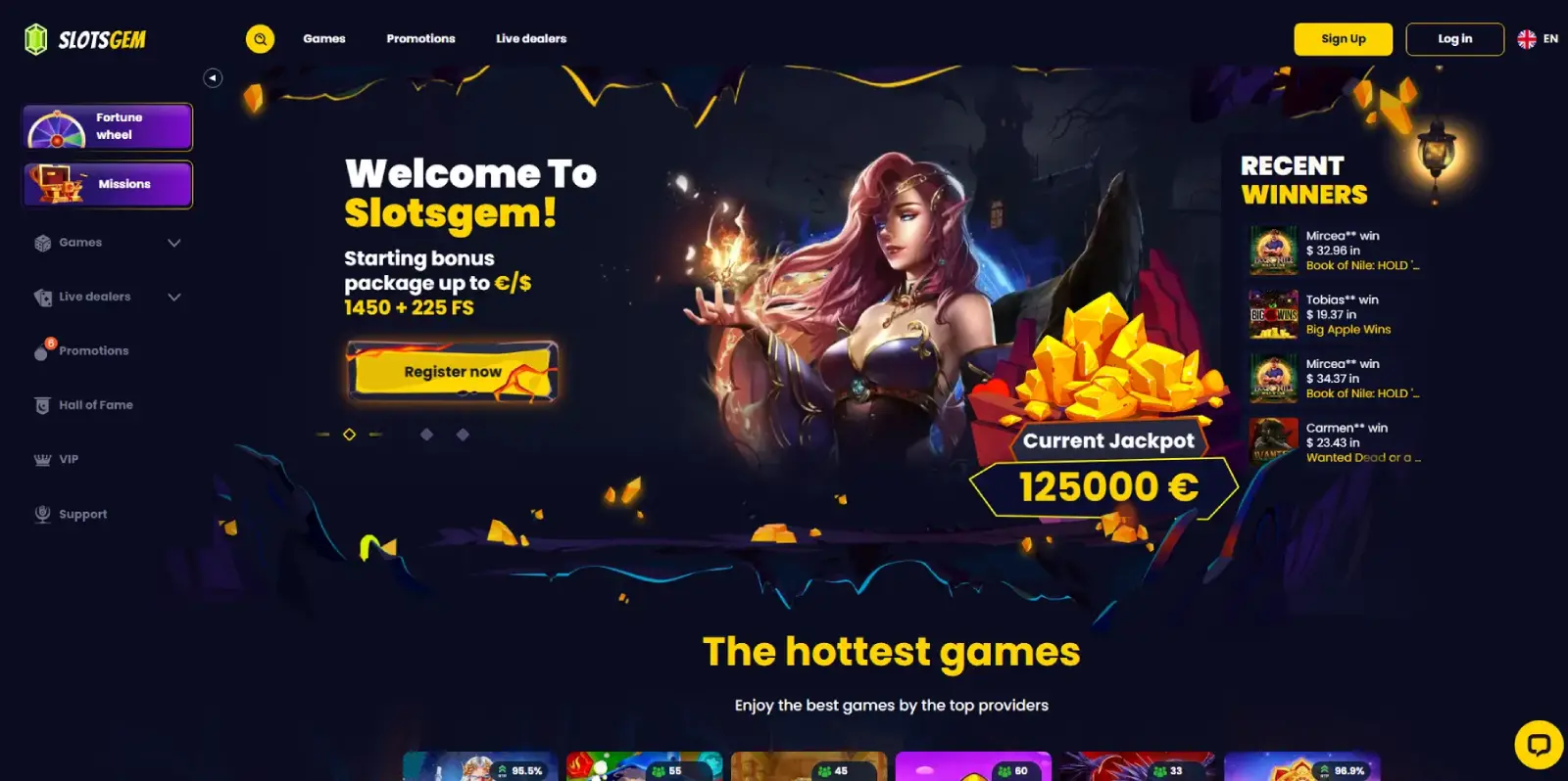 Captura de pantalla de la página principal de SlotsGem Casino