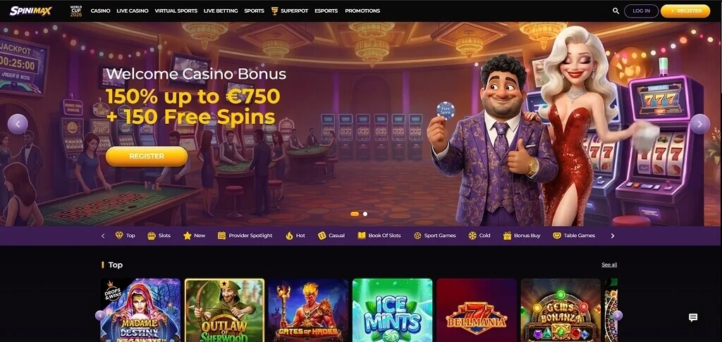 Captura de pantalla de la página principal de Spinimax Casino